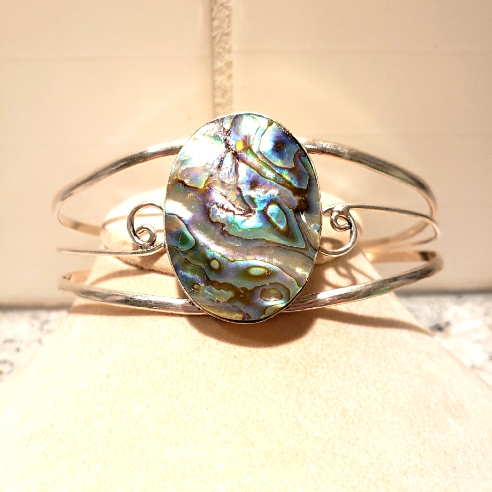 Abalone Shell sterling silver wire cuff bracelet.